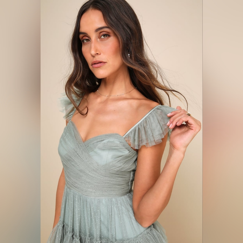 NWT Pure Radiance Sage Brush Mesh Swiss Dot Tiered Maxi Dress by Lulu's - Picture 4 of 4